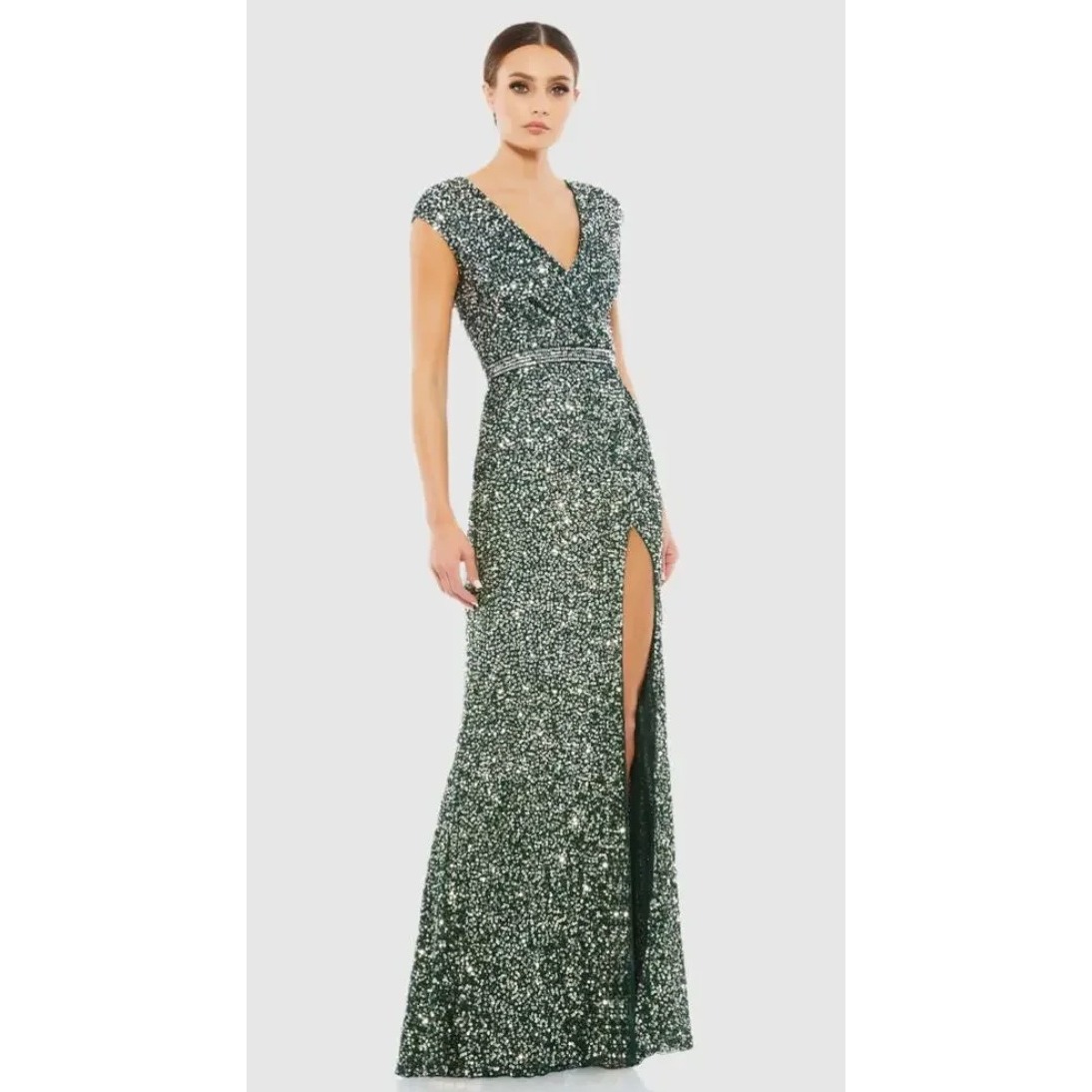 Mac Duggal 5489 Gown Green Sequin V-Neck Front Slit Formal Women's Size 2 New